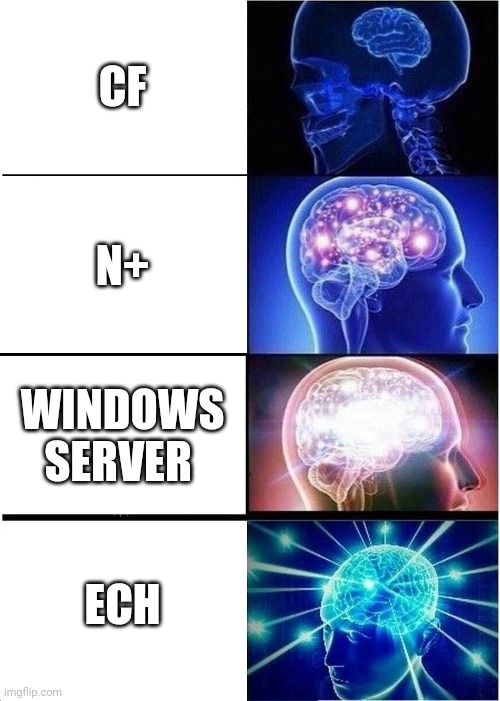 Expanding Brain | CF; N+; WINDOWS SERVER; ECH | image tagged in memes,expanding brain | made w/ Imgflip meme maker