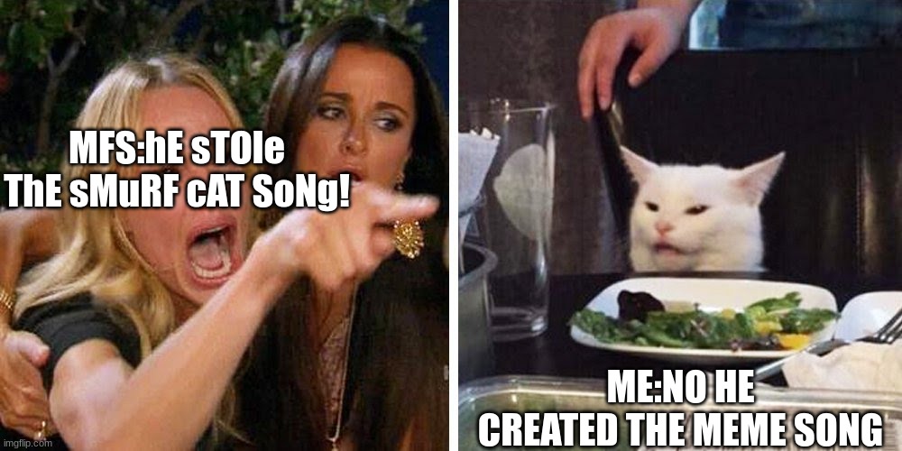 Smudge the cat | MFS:hE sTOle ThE sMuRF cAT SoNg! ME:NO HE CREATED THE MEME SONG | image tagged in smudge the cat | made w/ Imgflip meme maker