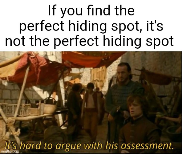 Meme #3,553 | If you find the perfect hiding spot, it's not the perfect hiding spot | image tagged in it's hard to argue with his assessment,shower thoughts,true,hide,hiding spot,hide and seek | made w/ Imgflip meme maker