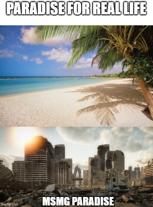 PARADISE FOR REAL LIFE; MSMG PARADISE | image tagged in island paradise,destroyed city | made w/ Imgflip meme maker