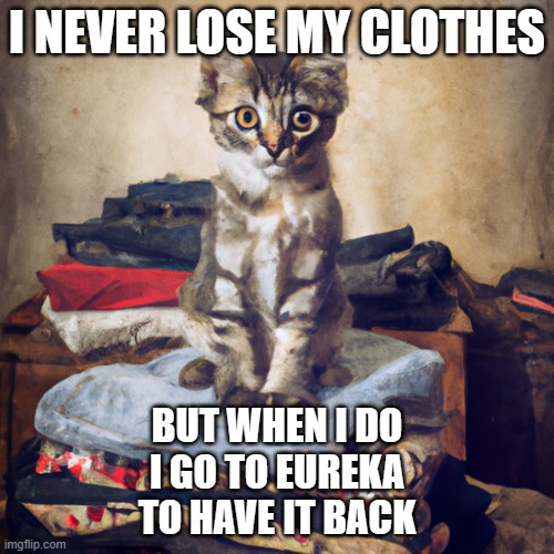 Cat on clothes | I NEVER LOSE MY CLOTHES; BUT WHEN I DO
I GO TO EUREKA
TO HAVE IT BACK | image tagged in cat,clothes | made w/ Imgflip meme maker