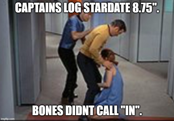 Armadas Funny | CAPTAINS LOG STARDATE 8.75". BONES DIDNT CALL "IN". | image tagged in job promotion | made w/ Imgflip meme maker
