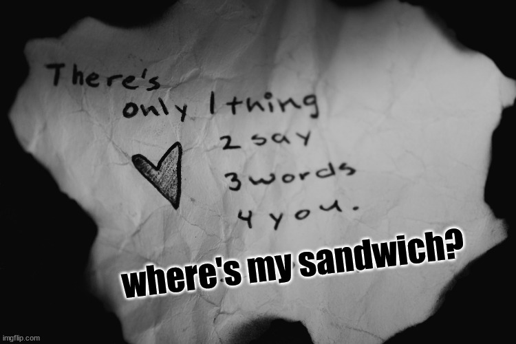 1 thing 2 do 3 words 4 you | where's my sandwich? | image tagged in 1 thing 2 do 3 words 4 you | made w/ Imgflip meme maker