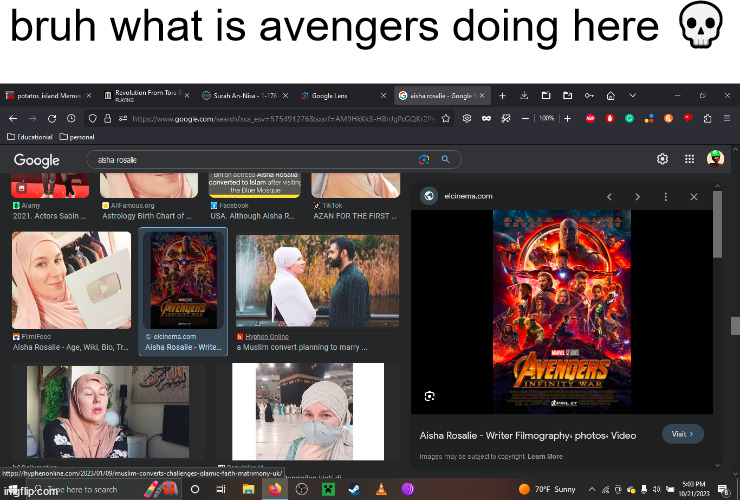 looking at pictures of aisha rosalie and saw this. Bruh. | bruh what is avengers doing here 💀 | made w/ Imgflip meme maker