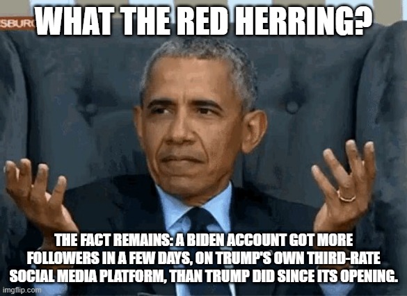 Barack Obama shrug | WHAT THE RED HERRING? THE FACT REMAINS: A BIDEN ACCOUNT GOT MORE FOLLOWERS IN A FEW DAYS, ON TRUMP'S OWN THIRD-RATE SOCIAL MEDIA PLATFORM, T | image tagged in barack obama shrug | made w/ Imgflip meme maker