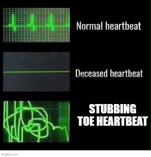 normal heartbeat deceased heartbeat | STUBBING TOE HEARTBEAT | image tagged in normal heartbeat deceased heartbeat | made w/ Imgflip meme maker