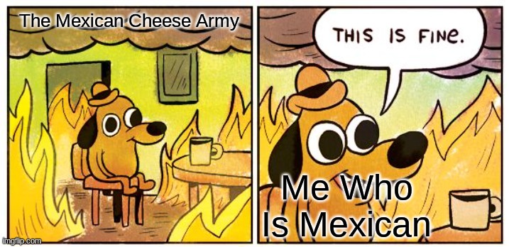 This Is Fine Meme | The Mexican Cheese Army Me Who Is Mexican | image tagged in memes,this is fine | made w/ Imgflip meme maker