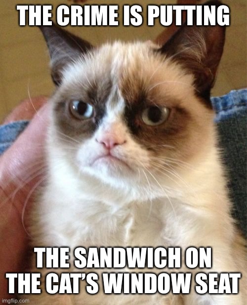 Grumpy Cat Meme | THE CRIME IS PUTTING THE SANDWICH ON THE CAT’S WINDOW SEAT | image tagged in memes,grumpy cat | made w/ Imgflip meme maker