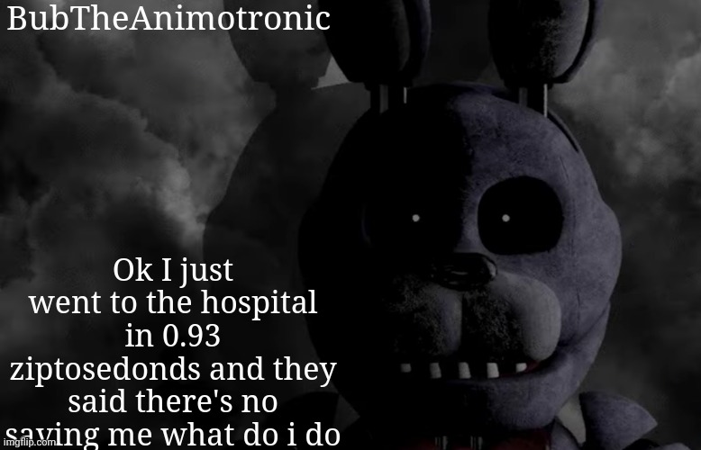 BubTheAnimotronic; Ok I just went to the hospital in 0.93 ziptosedonds and they said there's no saving me what do i do | image tagged in bubtheanimotronic announcement template | made w/ Imgflip meme maker