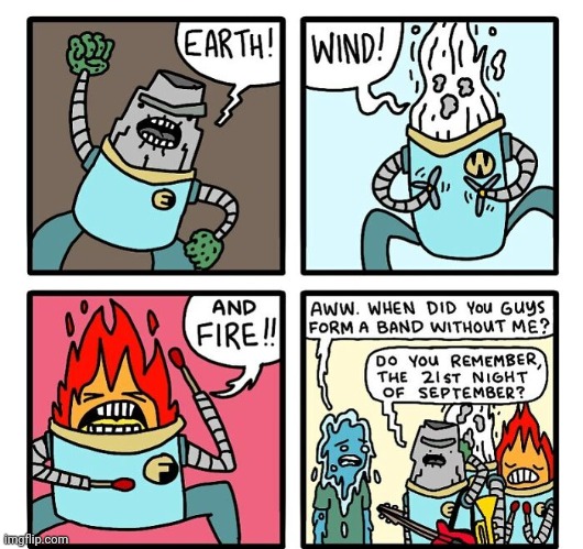 Earth wind and fire without water | image tagged in earth wind and fire,band,water,earth wind fire and water,comics,comics/cartoons | made w/ Imgflip meme maker