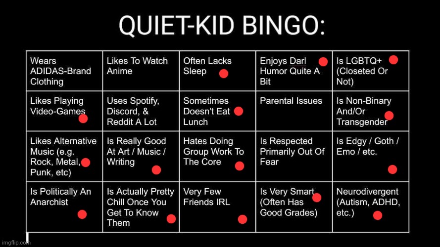 I AM THE ULTIMATE QUIET KID | image tagged in quiet kid bingo | made w/ Imgflip meme maker