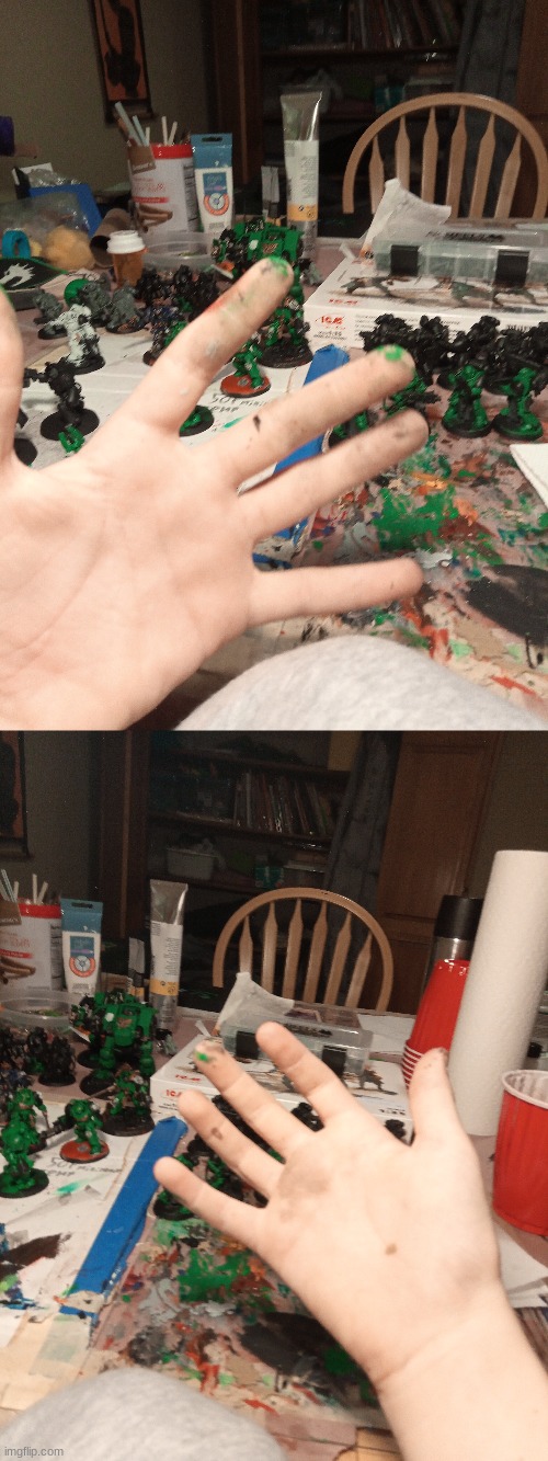 Post painting session hands (in the back you can see my half finished salamanders army) | image tagged in warhammer 40k,space marines,salamanders | made w/ Imgflip meme maker