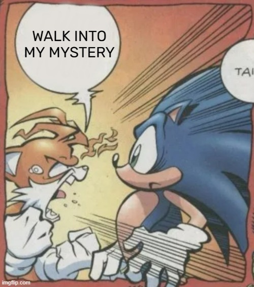 Tails Yelling At Sonic | WALK INTO MY MYSTERY | image tagged in tails yelling at sonic | made w/ Imgflip meme maker