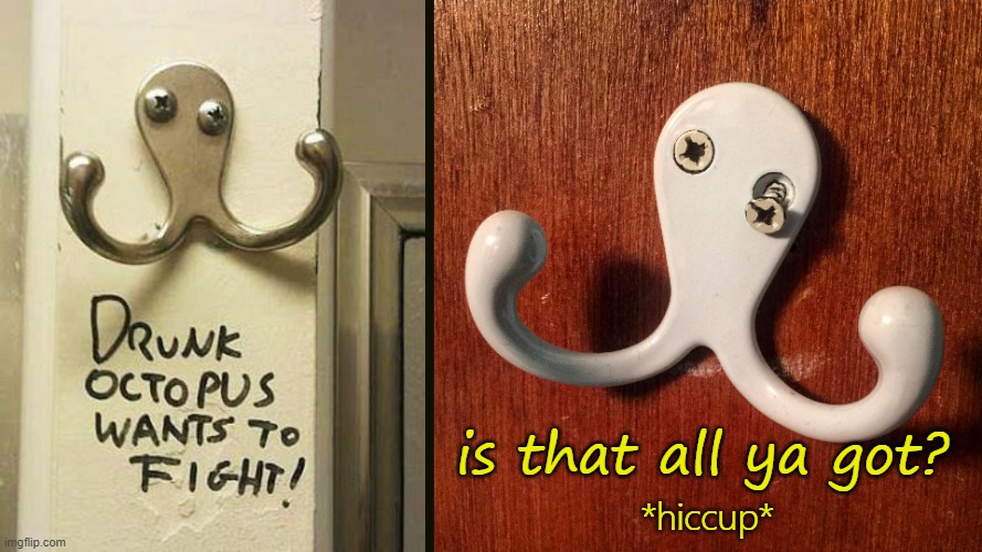 Watch out for that left hook! | is that all ya got? *hiccup* | image tagged in funny memes,towel hook,drunk octopus | made w/ Imgflip meme maker