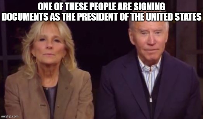 Joe and Jill Biden | ONE OF THESE PEOPLE ARE SIGNING DOCUMENTS AS THE PRESIDENT OF THE UNITED STATES | image tagged in joe and jill biden | made w/ Imgflip meme maker