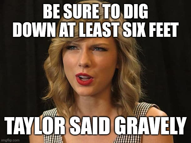 Taylor said gravely | BE SURE TO DIG DOWN AT LEAST SIX FEET; TAYLOR SAID GRAVELY | image tagged in taylor swiftie | made w/ Imgflip meme maker