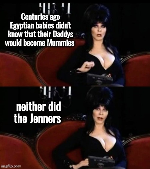 This Mummy's a Dude | Centuries ago Egyptian babies didn't know that their Daddys would become Mummies; neither did the Jenners | image tagged in elvira's joke,mummy,daddy,why can't you just be normal,kardashians,keep up | made w/ Imgflip meme maker