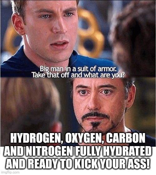 tony stark & captain american big man in a suit meme | HYDROGEN, OXYGEN, CARBON AND NITROGEN FULLY HYDRATED AND READY TO KICK YOUR ASS! | image tagged in tony stark captain american big man in a suit meme | made w/ Imgflip meme maker