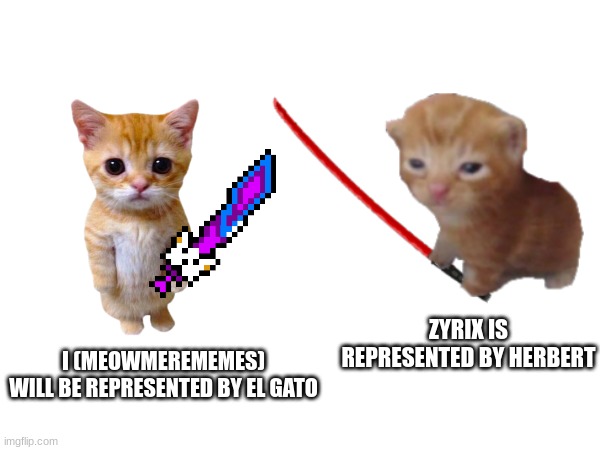 read this | I (MEOWMEREMEMES)
WILL BE REPRESENTED BY EL GATO; ZYRIX IS REPRESENTED BY HERBERT | image tagged in unlimitedfunn | made w/ Imgflip meme maker