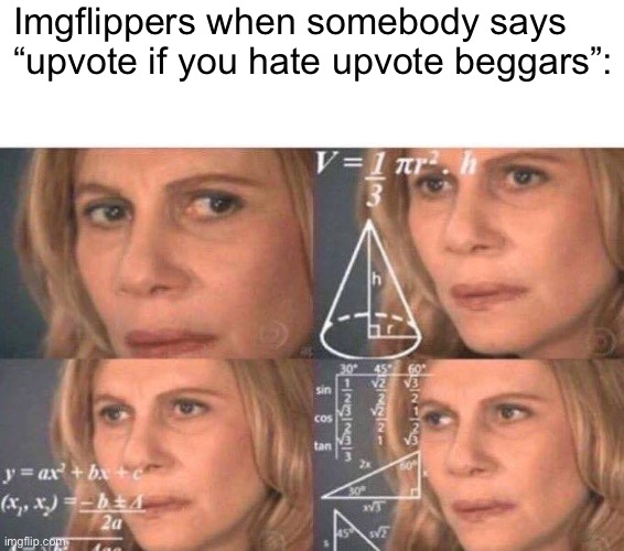 Confusion | Imgflippers when somebody says “upvote if you hate upvote beggars”: | image tagged in math lady/confused lady | made w/ Imgflip meme maker