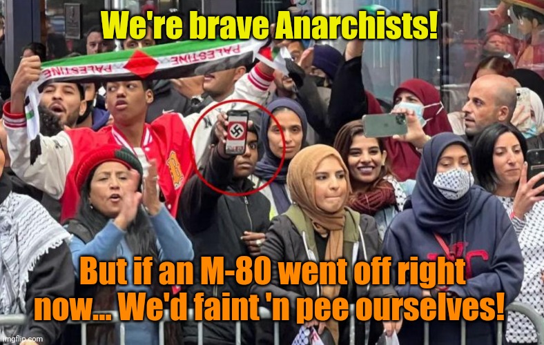 Pro Hamas Protest NYC with Swastika | We're brave Anarchists! But if an M-80 went off right now... We'd faint 'n pee ourselves! | image tagged in pro hamas protest nyc with swastika | made w/ Imgflip meme maker