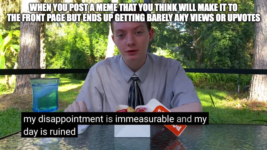 Sad | WHEN YOU POST A MEME THAT YOU THINK WILL MAKE IT TO THE FRONT PAGE BUT ENDS UP GETTING BARELY ANY VIEWS OR UPVOTES | image tagged in my disappointment is immeasurable | made w/ Imgflip meme maker