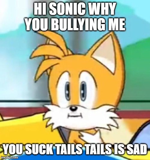 why you bullying me | HI SONIC WHY YOU BULLYING ME; YOU SUCK TAILS TAILS IS SAD | image tagged in tails hold up | made w/ Imgflip meme maker