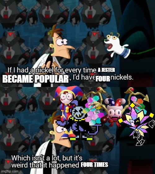 GLITCH PRODUCTIONS JUST GAVE US ANOTHER | A JESTER; BECAME POPULAR; FOUR; FOUR TIMES | image tagged in which isn t a lot but it s weird that it happened twice,the amazing digital circus,deltarune,kirby,paper mario | made w/ Imgflip meme maker