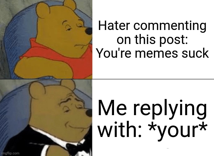 Tuxedo Winnie The Pooh | Hater commenting on this post: You're memes suck; Me replying with: *your* | image tagged in memes,tuxedo winnie the pooh | made w/ Imgflip meme maker