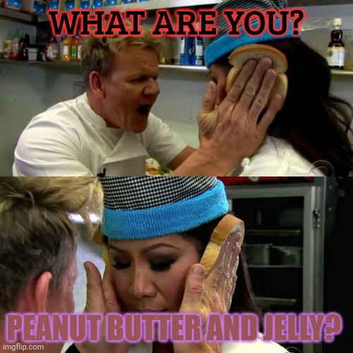 Gordon Ramsay Idiot Sandwich | WHAT ARE YOU? PEANUT BUTTER AND JELLY? | image tagged in gordon ramsay idiot sandwich | made w/ Imgflip meme maker