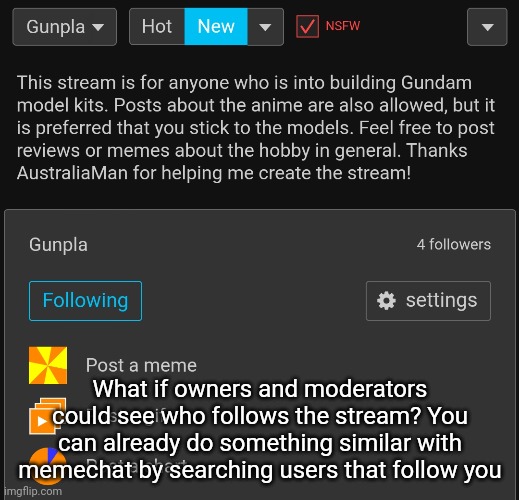 Not sure how it could be useful but it would be a nice feature | What if owners and moderators could see who follows the stream? You can already do something similar with memechat by searching users that follow you | made w/ Imgflip meme maker