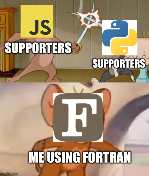 Fortran is the best | SUPPORTERS; SUPPORTERS; ME USING FORTRAN | image tagged in tom and jerry swordfight | made w/ Imgflip meme maker