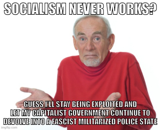 Socialism never works, so never try to improve your material conditions and let capitalism continue to oppress you. | SOCIALISM NEVER WORKS? GUESS I'LL STAY BEING EXPLOITED AND LET MY CAPITALIST GOVERNMENT CONTINUE TO DEVOLVE INTO A FASCIST MILITARIZED POLICE STATE | image tagged in guess i'll die,capitalism,socialism,communism,police state,authoritarianism | made w/ Imgflip meme maker