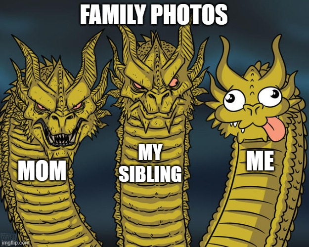 Three-headed Dragon | FAMILY PHOTOS; MY SIBLING; ME; MOM | image tagged in three-headed dragon | made w/ Imgflip meme maker