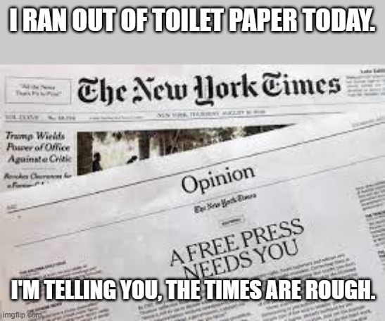 meme by Brad the T | I RAN OUT OF TOILET PAPER TODAY. I'M TELLING YOU, THE TIMES ARE ROUGH. | image tagged in toilet humor | made w/ Imgflip meme maker