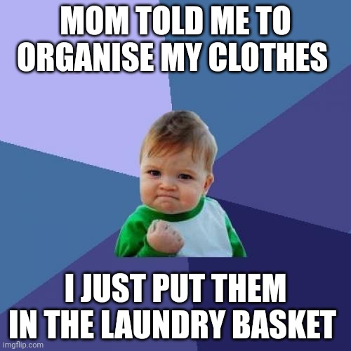 Laziness 100000 | MOM TOLD ME TO ORGANISE MY CLOTHES; I JUST PUT THEM IN THE LAUNDRY BASKET | image tagged in memes,success kid,funny,fun,mom,bruh moment | made w/ Imgflip meme maker
