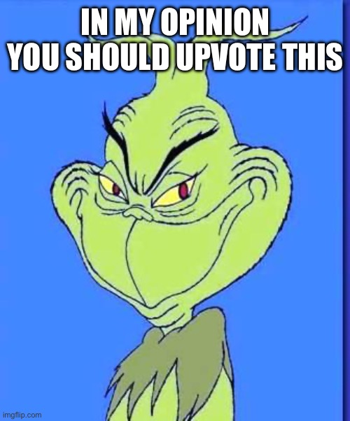 In My Opinion | IN MY OPINION YOU SHOULD UPVOTE THIS | image tagged in good grinch,opinion,opinions,upvotes,upvote | made w/ Imgflip meme maker