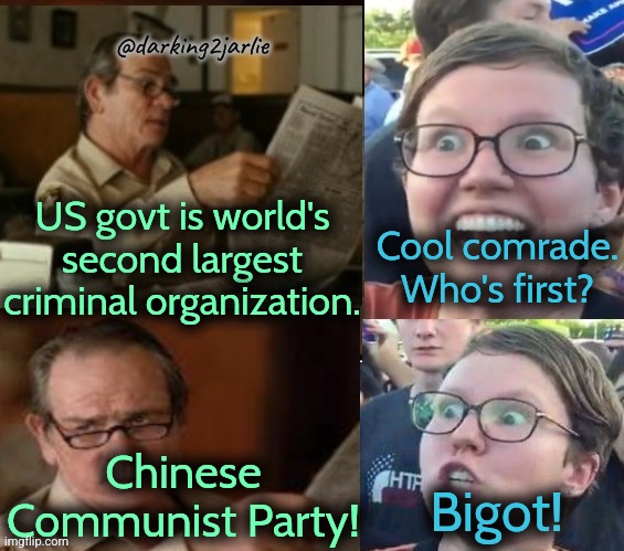 Obligatory CommiePhobic meme #7 | @darking2jarlie; US govt is world's second largest criminal organization. Cool comrade. Who's first? Chinese Communist Party! Bigot! | image tagged in liberal hypocrisy,china,communism,marxism,america,deep state | made w/ Imgflip meme maker