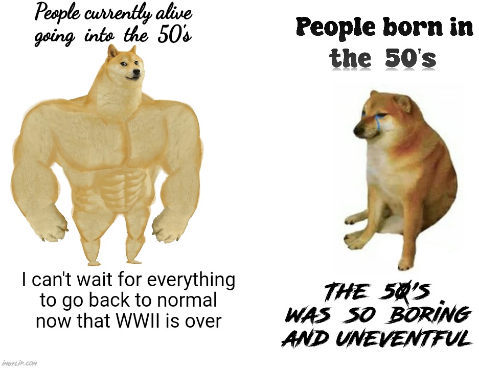 I don't know HOW true this is, but I do know it's true (Español en comentarios) | People currently alive
going  into  the  50's; I can't wait for everything
to go back to normal
now that WWII is over; The  50's was  so  boring and uneventful | image tagged in memes,buff doge vs cheems,1980s,1950s,history,historical meme | made w/ Imgflip meme maker