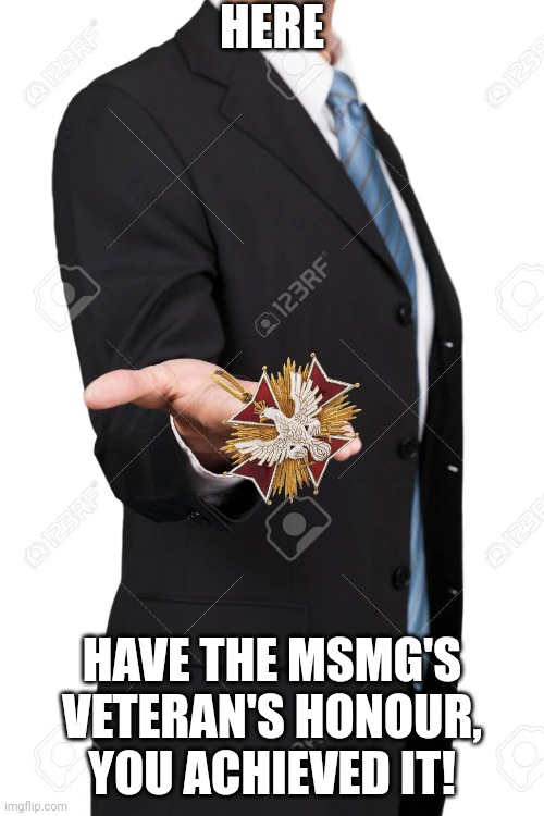 Man handing you | HERE HAVE THE MSMG'S VETERAN'S HONOUR, YOU ACHIEVED IT! | image tagged in man handing you | made w/ Imgflip meme maker