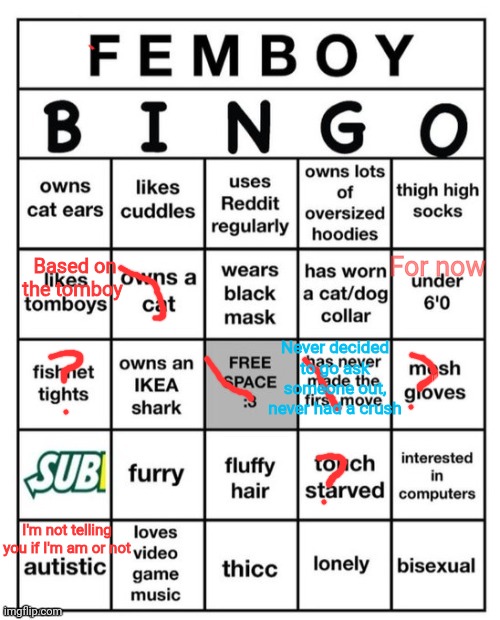 Decided to do this | Based on the tomboy; For now; Never decided to go ask someone out, never had a crush; I'm not telling you if I'm am or not | image tagged in femboy bingo | made w/ Imgflip meme maker