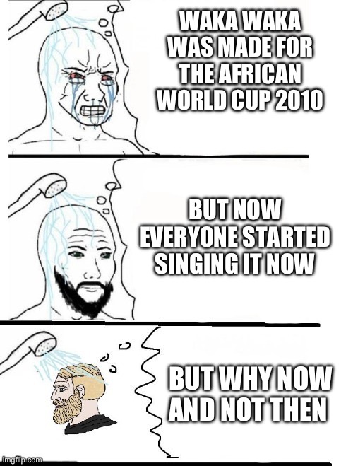 Ultimate shower thought | WAKA WAKA WAS MADE FOR THE AFRICAN WORLD CUP 2010; BUT NOW EVERYONE STARTED SINGING IT NOW; BUT WHY NOW AND NOT THEN | image tagged in shower thoughts | made w/ Imgflip meme maker