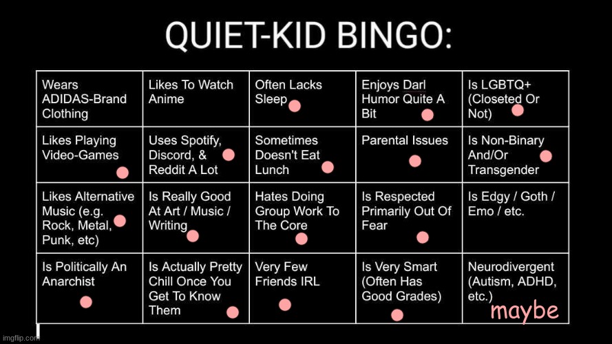 was respected out of fear at my old school because I hit a kid with a rubber band | maybe | image tagged in quiet kid bingo | made w/ Imgflip meme maker