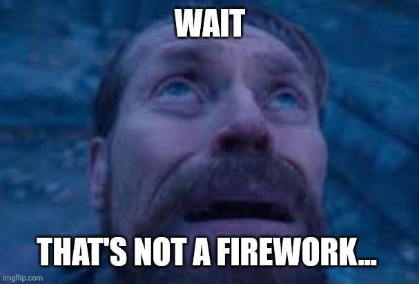 Oh shi- | WAIT; THAT'S NOT A FIREWORK... | image tagged in william dafoe looks up,dark humor | made w/ Imgflip meme maker