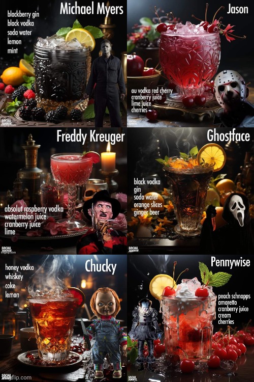 WHICH DRINK ARE YOU CHOOSING FOR HALLOWEEN? | image tagged in alcohol,halloween,michael myers,jason voorhees,freddy krueger,chucky | made w/ Imgflip meme maker