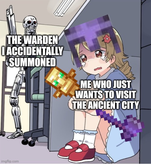 Anime Girl Hiding from Terminator | THE WARDEN I ACCIDENTALLY SUMMONED; ME WHO JUST WANTS TO VISIT THE ANCIENT CITY | image tagged in anime girl hiding from terminator | made w/ Imgflip meme maker