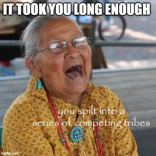United no more | IT TOOK YOU LONG ENOUGH; you spilt into a series of competing tribes | image tagged in laughing native american,america in decline,united no more,how america dies,democrat war on america,divided we fall | made w/ Imgflip meme maker