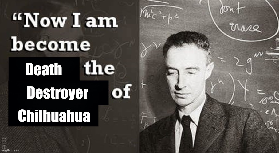 Now I am become Death, the destroyer of worlds. | Death Destroyer Chilhuahua | image tagged in now i am become death the destroyer of worlds | made w/ Imgflip meme maker