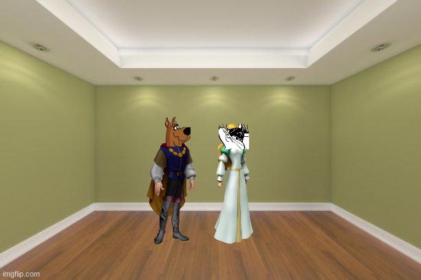 scooby and penelope as derek and odette | image tagged in empty room,cats,dogs,couple,romance | made w/ Imgflip meme maker