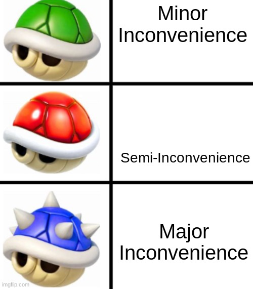 Gm chat | Minor Inconvenience; Semi-Inconvenience; Major Inconvenience | image tagged in green shell red shell blue shell | made w/ Imgflip meme maker